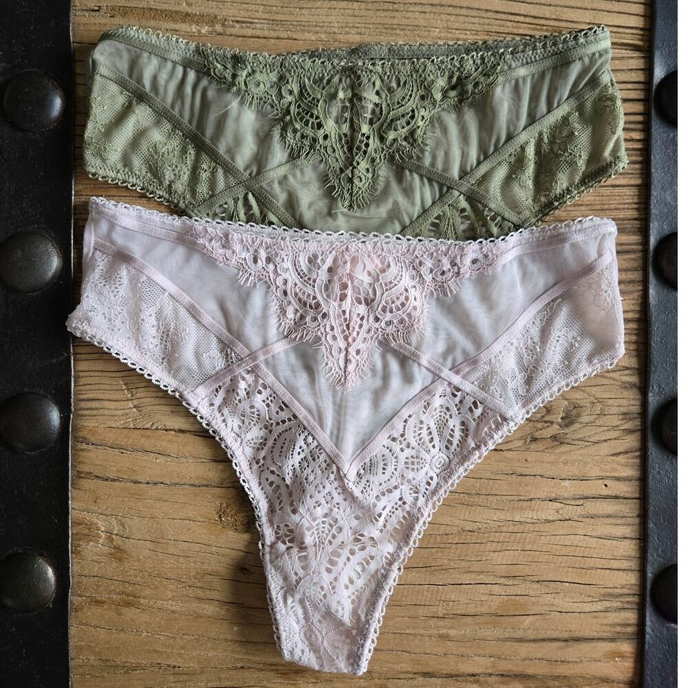 Victoria's Secret Green and Pink Lace Thong Dream Angels Bundle sz S New